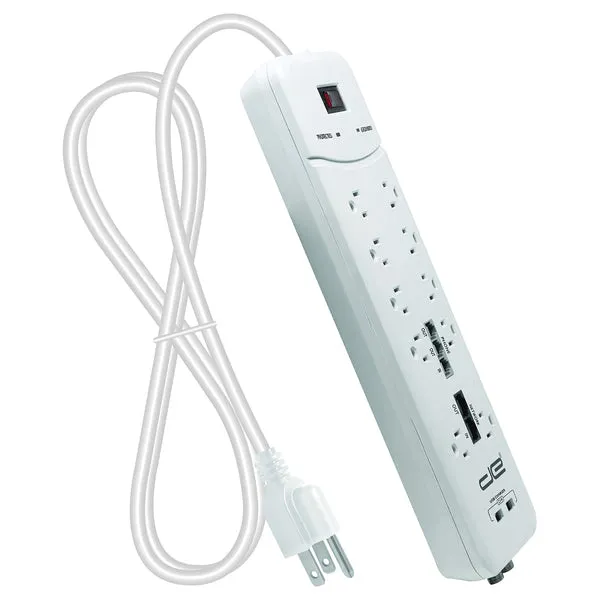 10-Outlet Heavy-Duty Surge Protector Power Strip with 2 USB Ports and Coaxial, Phone, and Modem Protection (White; 15-Foot Cord)