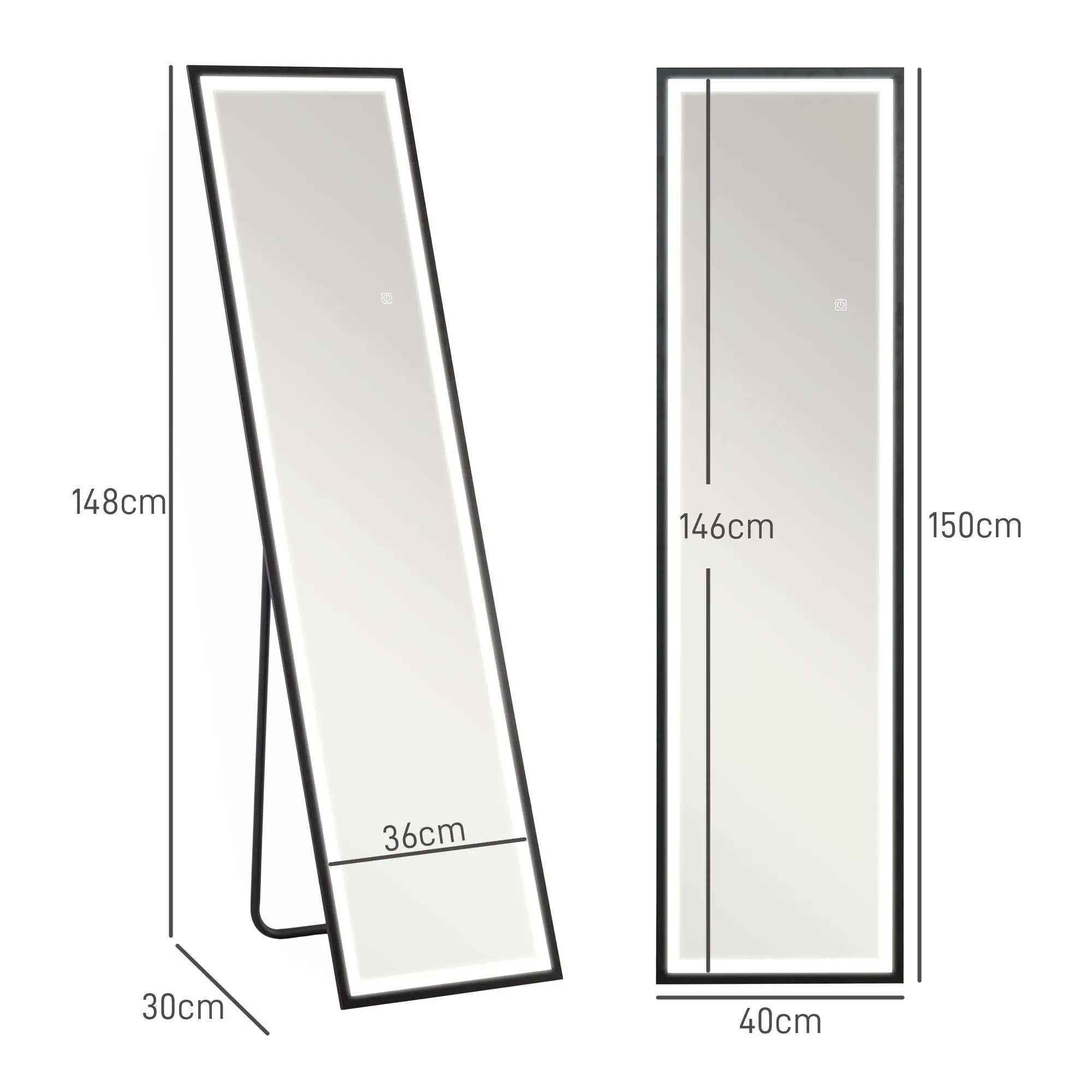 150 x 40cm Full Length Mirror w/ Adjustable Lights Metal Frame Black