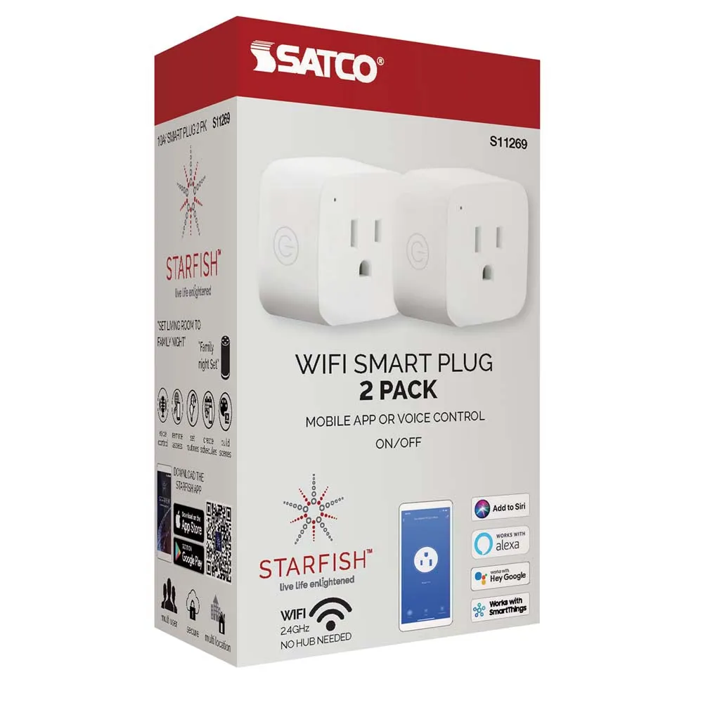 2PK - Wi-Fi On-Off Plug-in Outlet - 10 Amp - Satco Starfish Smart Technology
