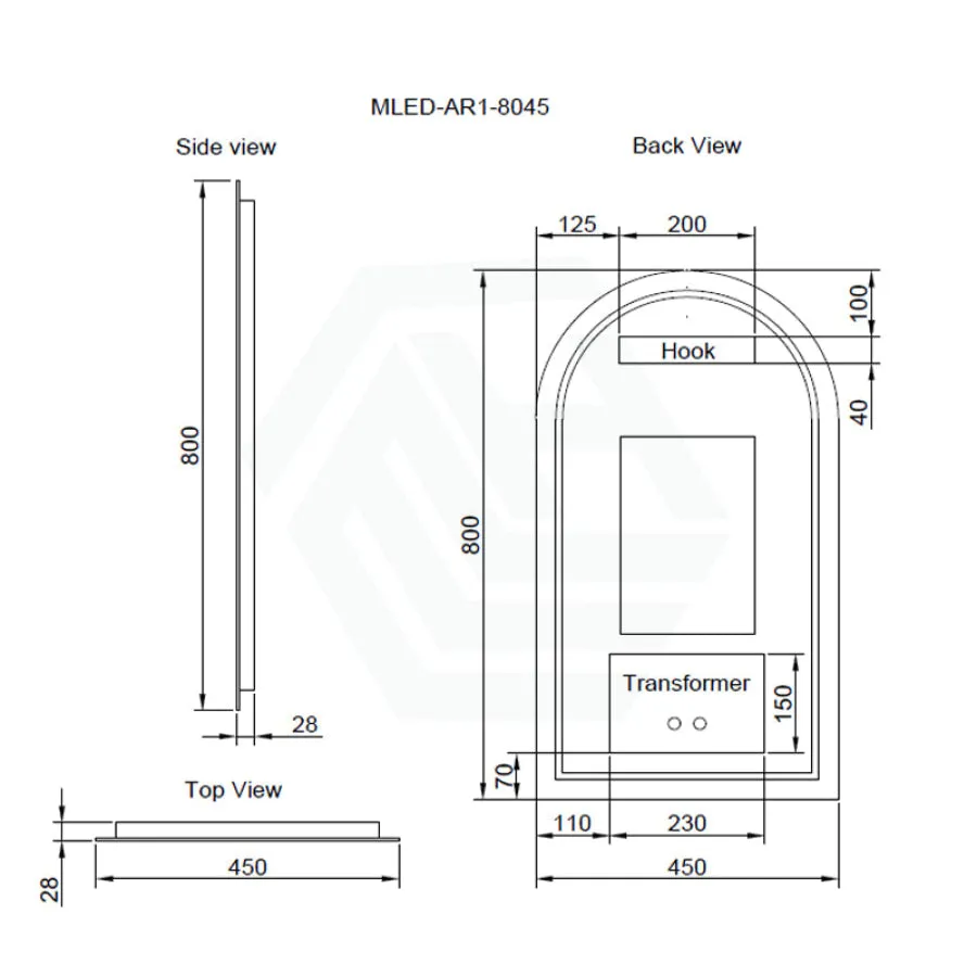 450x800mm Three Color Lights Arch Led Mirror Backlit Touch Sensor