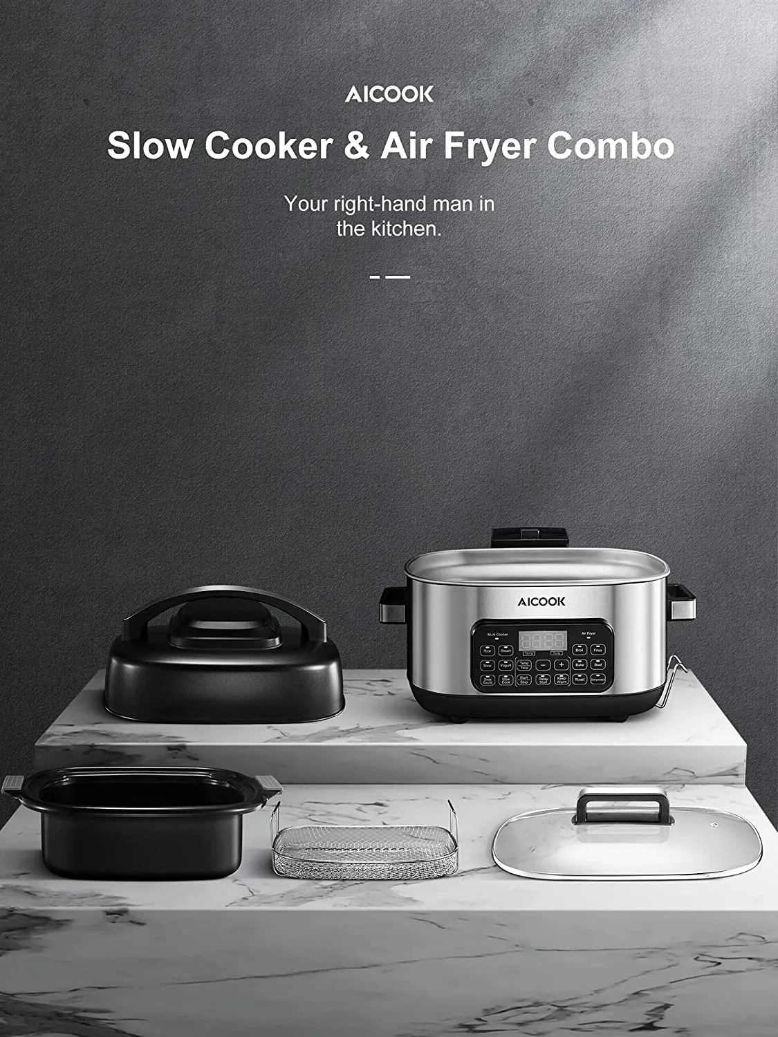 6.5qt Slow Cooker Air Fryer Combo, 12-in-1 Multicooker Programmable, Adjustable Temp&Time