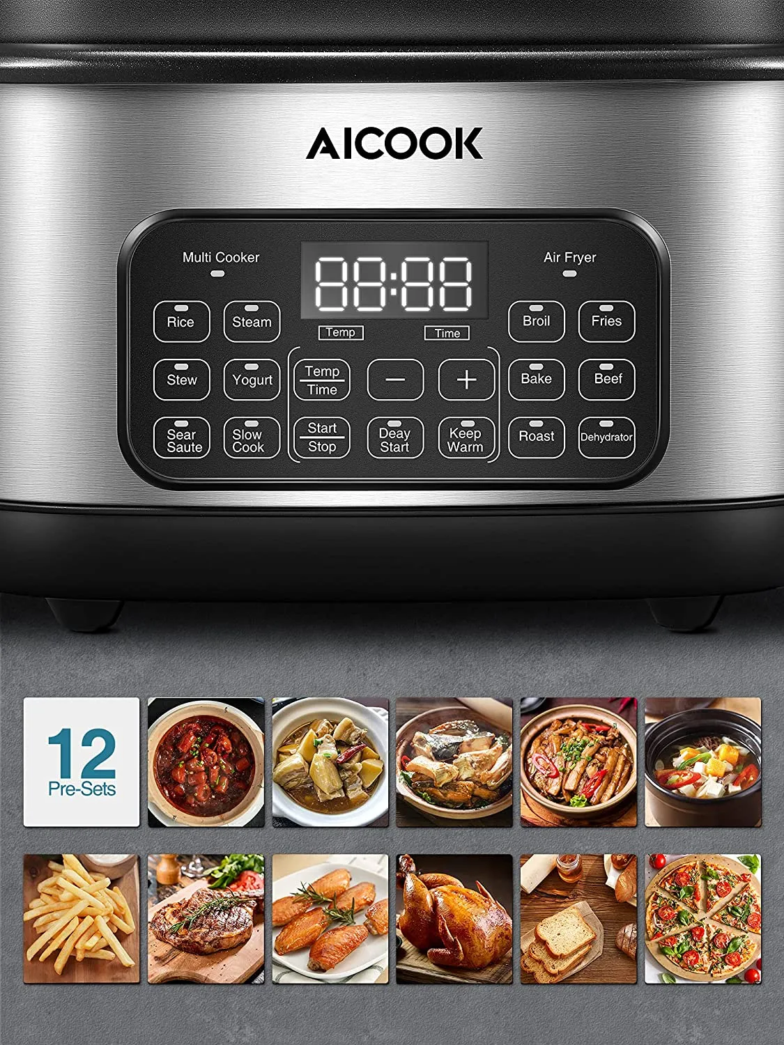 6.5qt Slow Cooker Air Fryer Combo, 12-in-1 Multicooker Programmable, Adjustable Temp&Time
