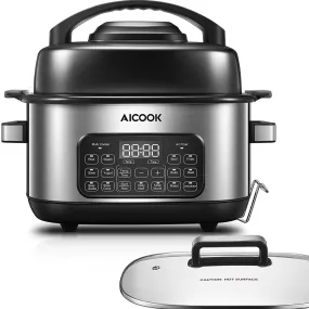 6.5qt Slow Cooker Air Fryer Combo, 12-in-1 Multicooker Programmable, Adjustable Temp&Time