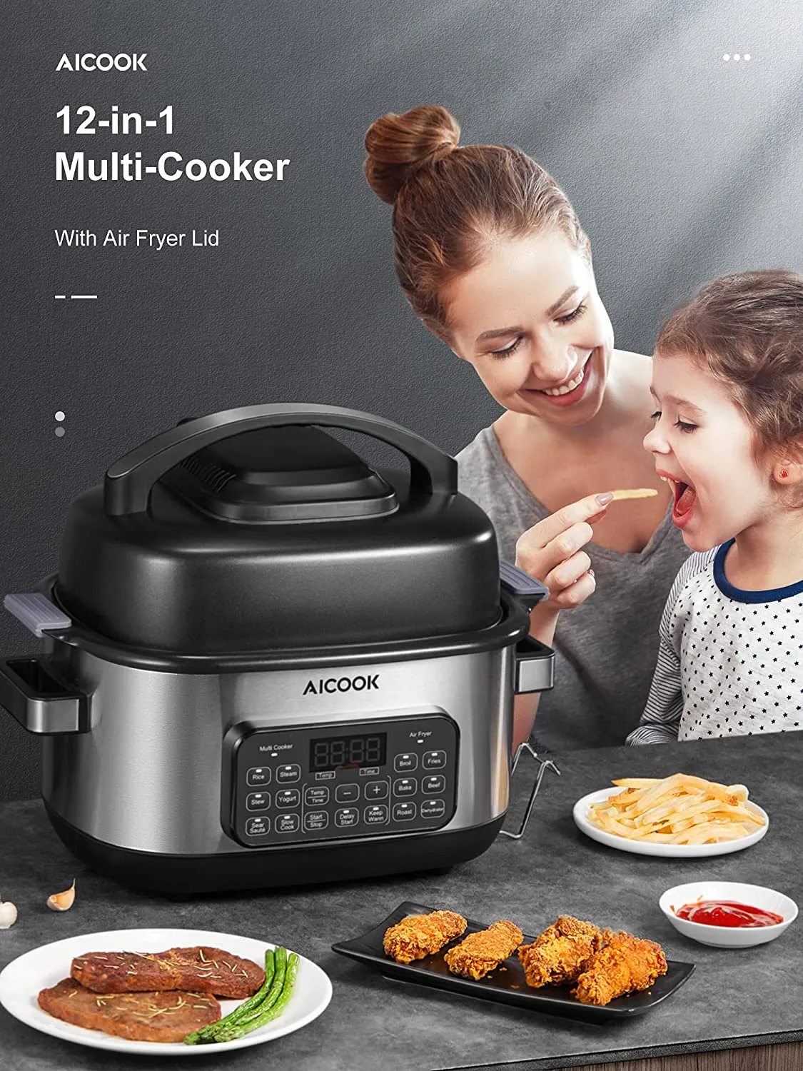 6.5qt Slow Cooker Air Fryer Combo, 12-in-1 Multicooker Programmable, Adjustable Temp&Time