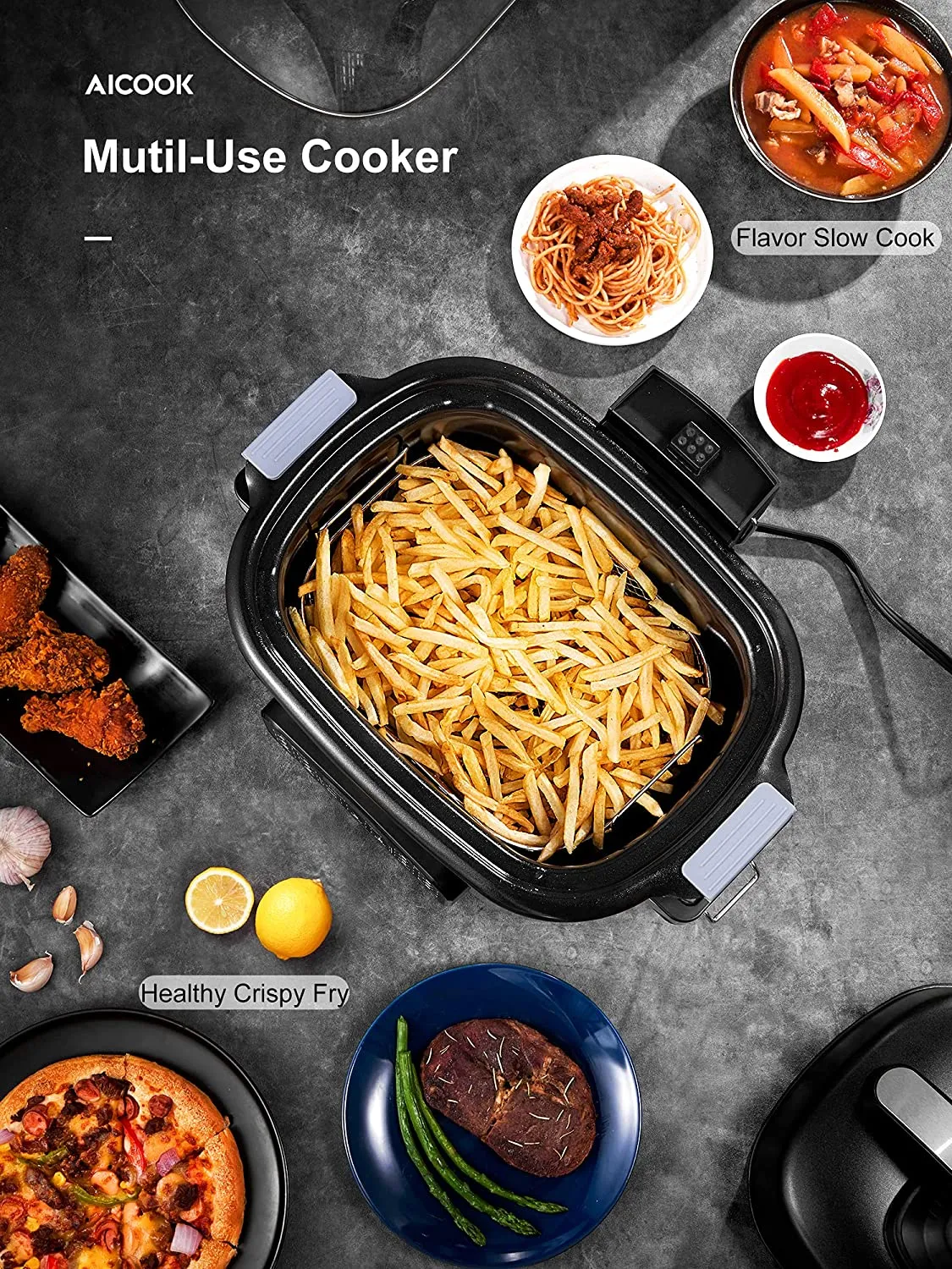 6.5qt Slow Cooker Air Fryer Combo, 12-in-1 Multicooker Programmable, Adjustable Temp&Time