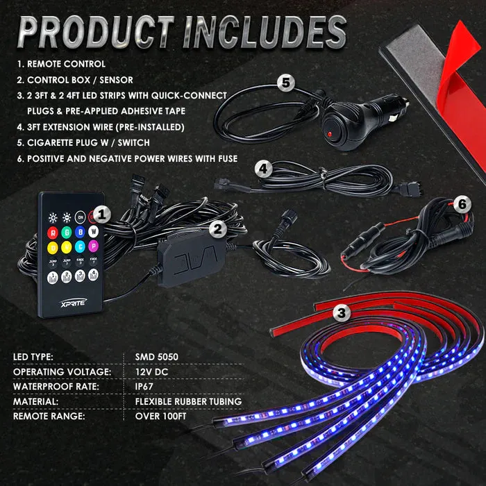 8 Color Battle Series RGB LED Underbody Glow Kit with Remote Control and Bluetooth