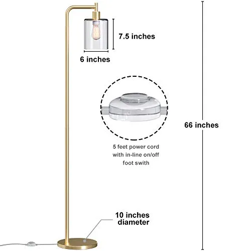 Addlon LED Floor Lamp, with Hanging Glass Lamp Shade and LED Bulb for Bedroom & Living Room, Modern Standing Industrial Lamp Tall Pole Lamp for Office, Brass Gold