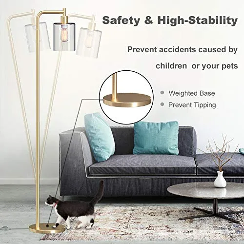 Addlon LED Floor Lamp, with Hanging Glass Lamp Shade and LED Bulb for Bedroom & Living Room, Modern Standing Industrial Lamp Tall Pole Lamp for Office, Brass Gold