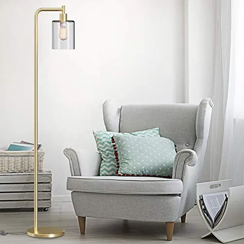 Addlon LED Floor Lamp, with Hanging Glass Lamp Shade and LED Bulb for Bedroom & Living Room, Modern Standing Industrial Lamp Tall Pole Lamp for Office, Brass Gold