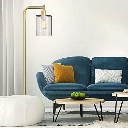 Addlon LED Floor Lamp, with Hanging Glass Lamp Shade and LED Bulb for Bedroom & Living Room, Modern Standing Industrial Lamp Tall Pole Lamp for Office, Brass Gold
