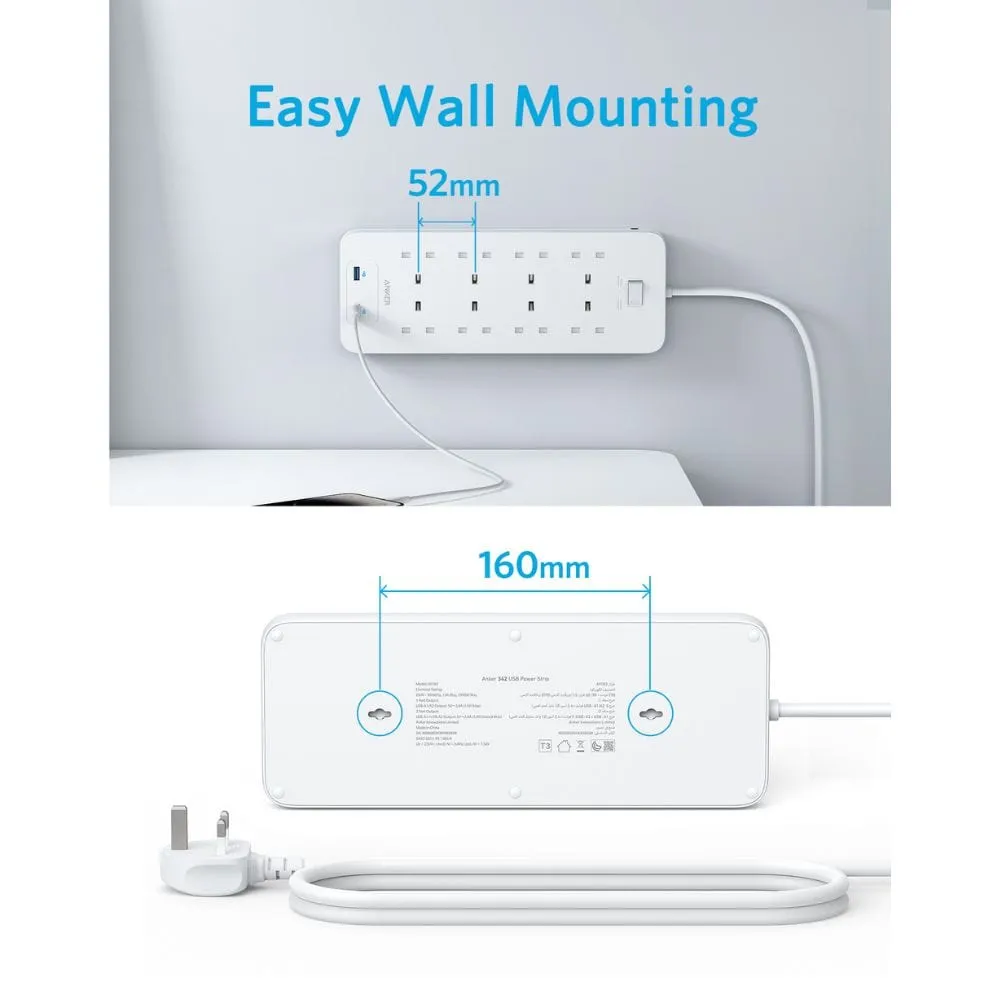 Anker 342 Power Strip with 8 AC Outlets & 2 USB Ports (12W Extension) - A9182