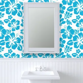 Aqua Ocean Blue Hawaiian Flowers Wallpaper