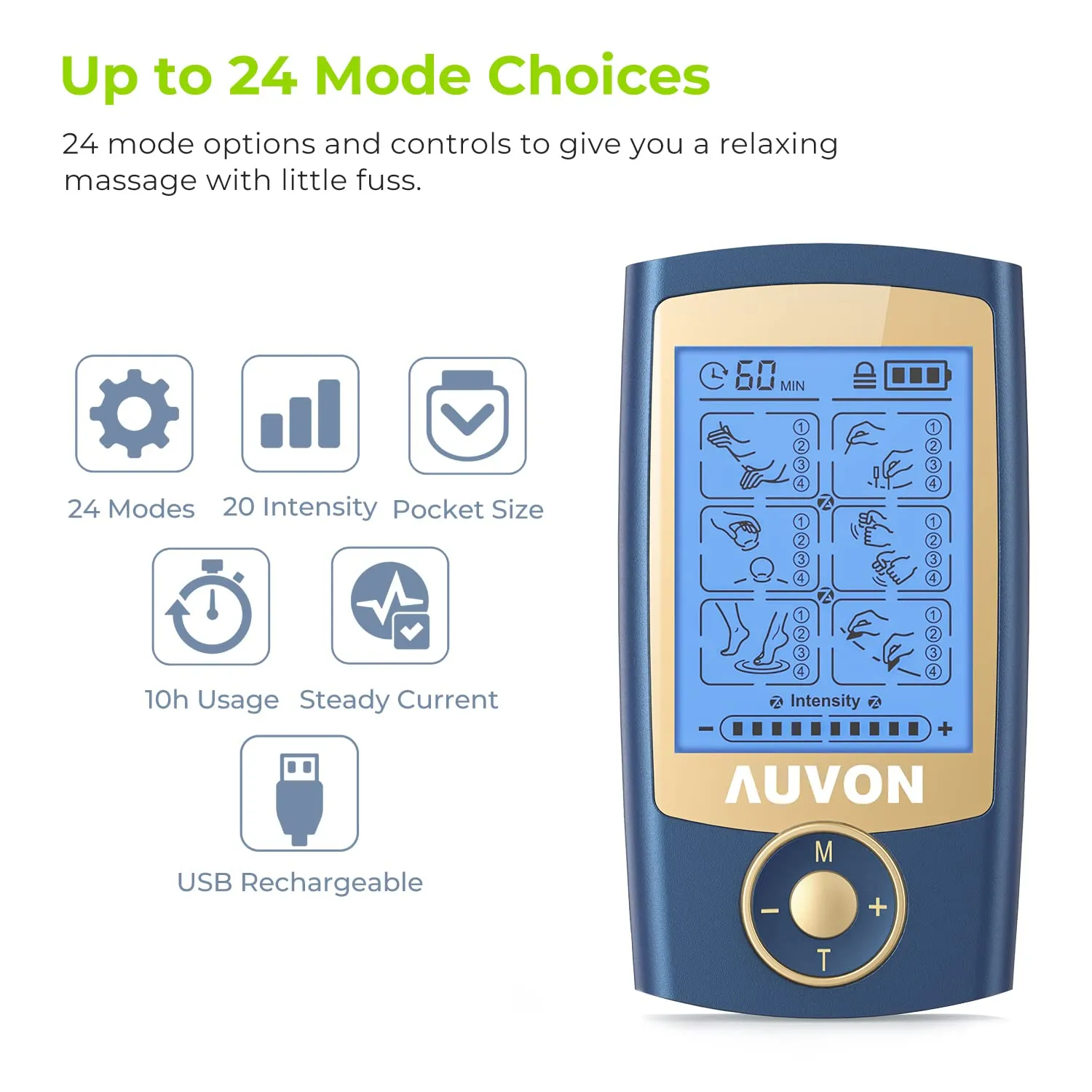 AUVON 2-in-1 TENS Unit Muscle Stimulator for Pain Relief with 24 Modes, Muscle Stimulator with Dust-Proof Bag, Cable Ties and 8 Replacement Pads