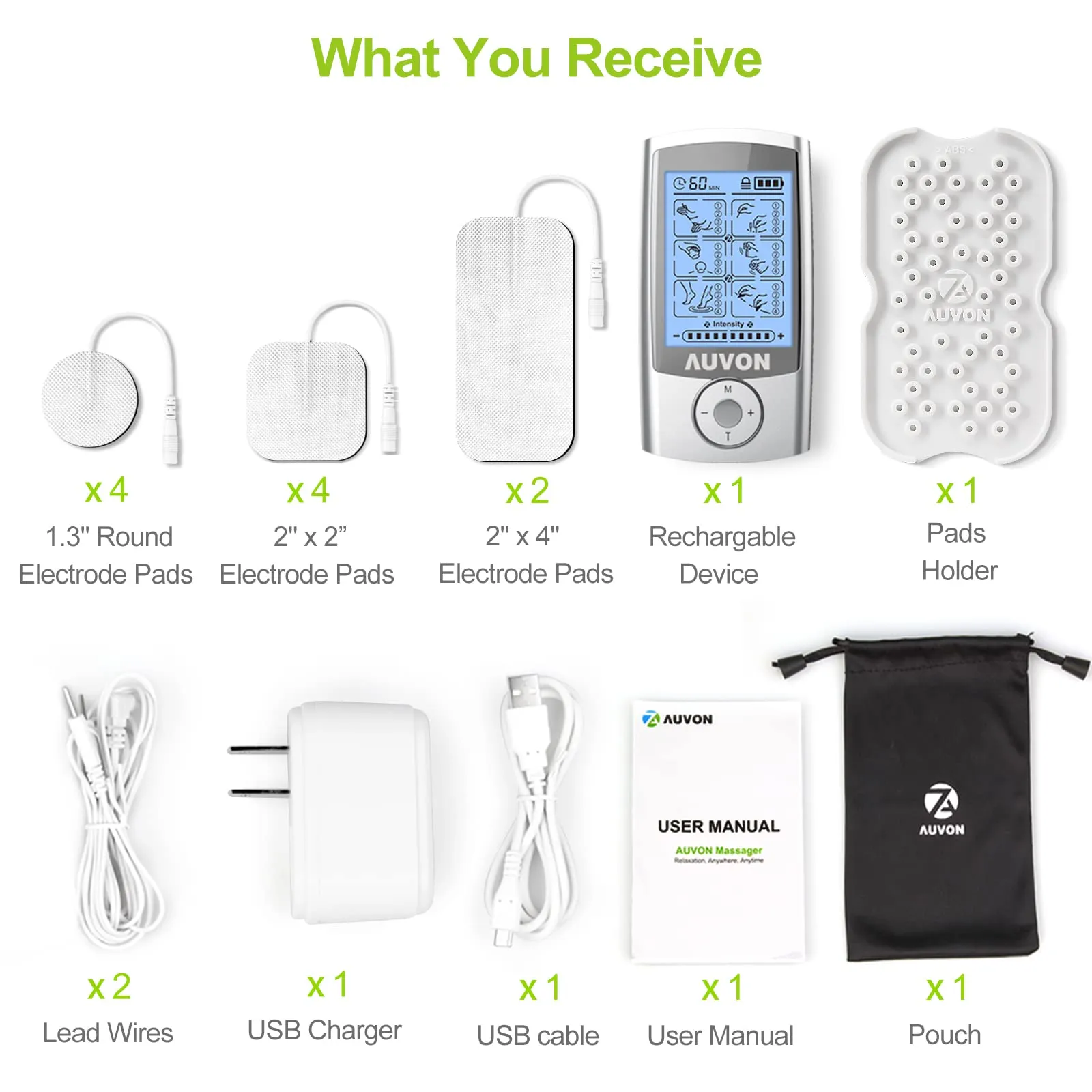 AUVON 24 Modes Rechargeable TENS Unit, 4th Gen Muscle Stimulator with 10pcs TENS Machine Electrodes for Pain Relief Therapy & Management