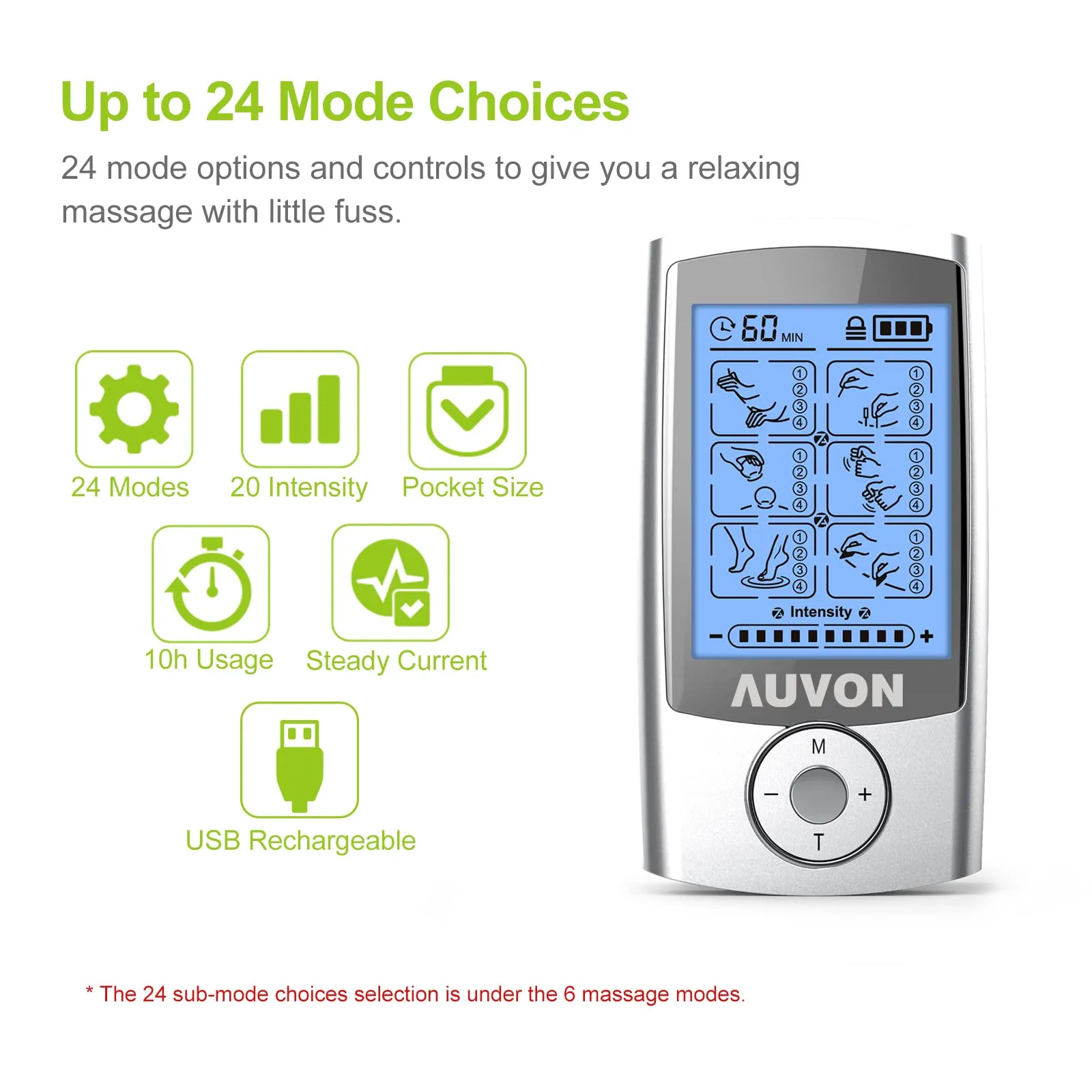 AUVON 24 Modes Rechargeable TENS Unit, 4th Gen Muscle Stimulator with 10pcs TENS Machine Electrodes for Pain Relief Therapy & Management