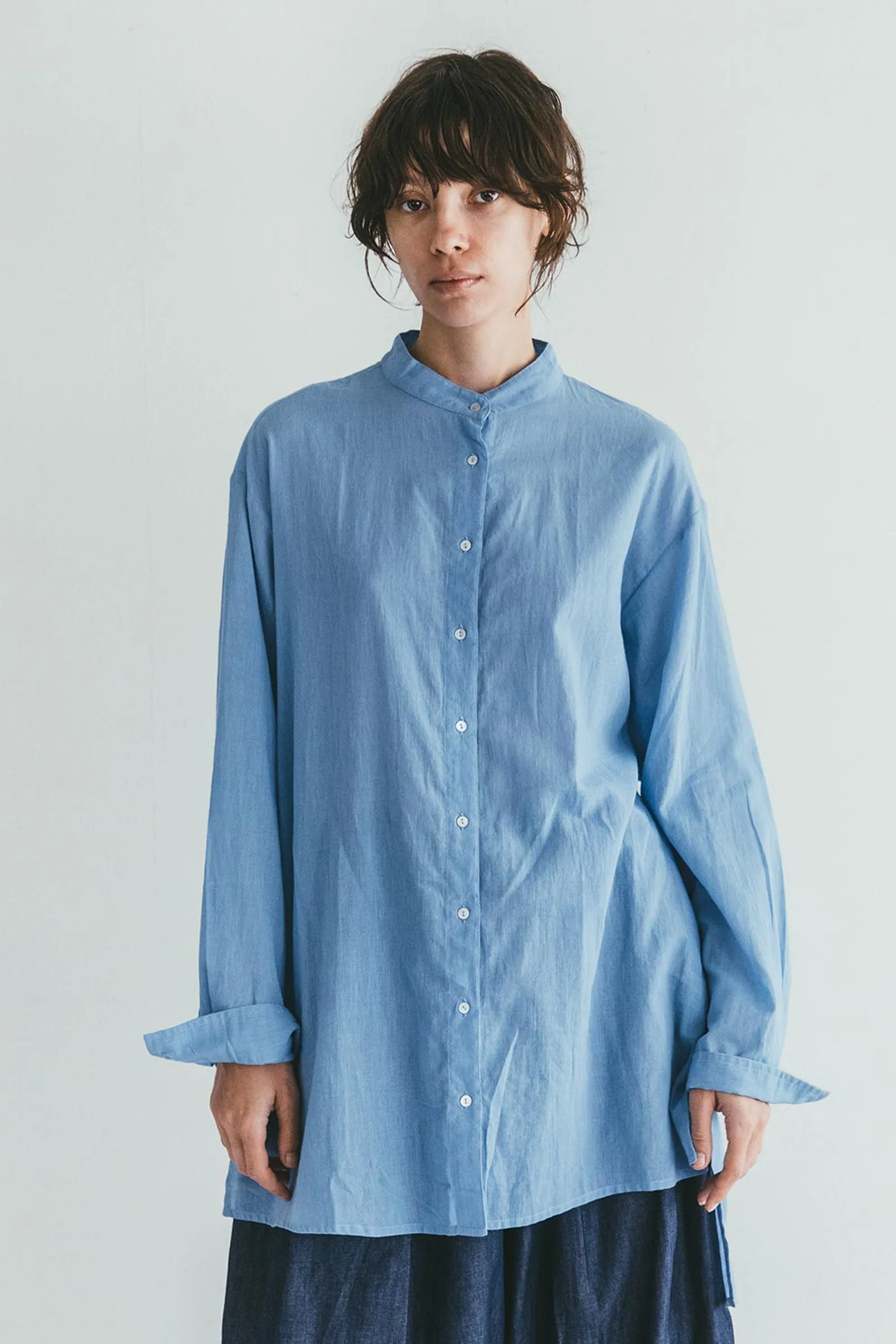 Band Collar Summer Sheer Women Shirt - Light Blue