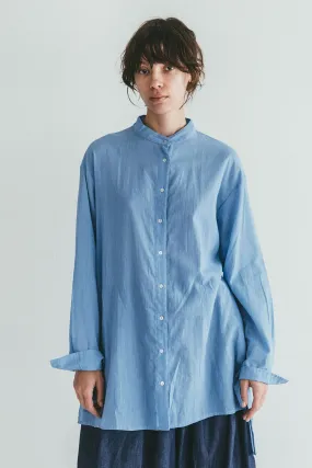 Band Collar Summer Sheer Women Shirt - Light Blue