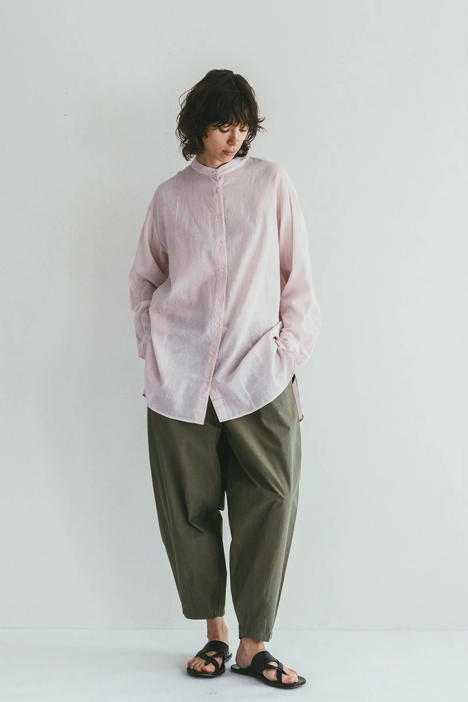 Band Collar Summer Sheer Women Shirt - Light Pink