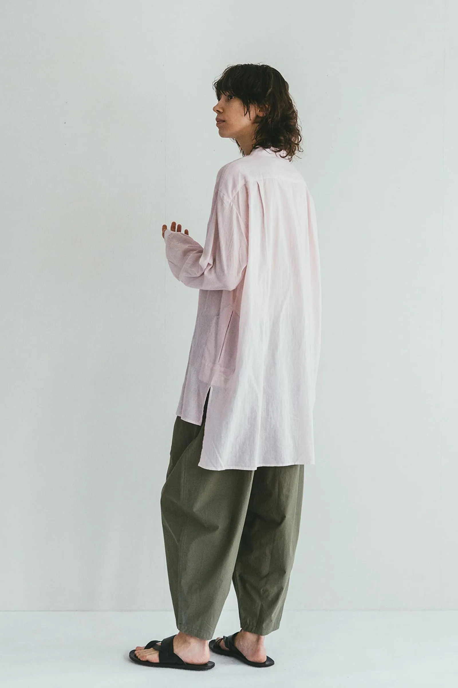 Band Collar Summer Sheer Women Shirt - Light Pink