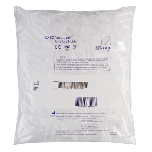 BD 364815 Vacutainer Clear Single-Use Tube Holder, 250/pk