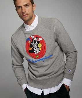 Champion   Looney Tunes Gang Reverse Weave Crew in Light Grey Mix