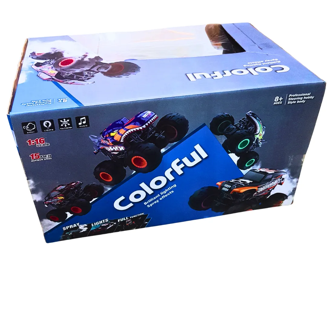 Colorful RC Monster Truck with Spray Effects & Lights – 1:16 Scale, 15 KM/H Speed, Full Function Remote Control (Ages 8 )