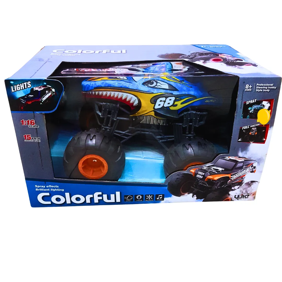 Colorful RC Monster Truck with Spray Effects & Lights – 1:16 Scale, 15 KM/H Speed, Full Function Remote Control (Ages 8 )