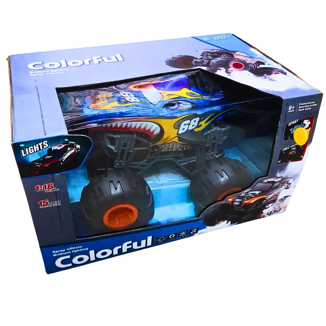 Colorful RC Monster Truck with Spray Effects & Lights – 1:16 Scale, 15 KM/H Speed, Full Function Remote Control (Ages 8 )