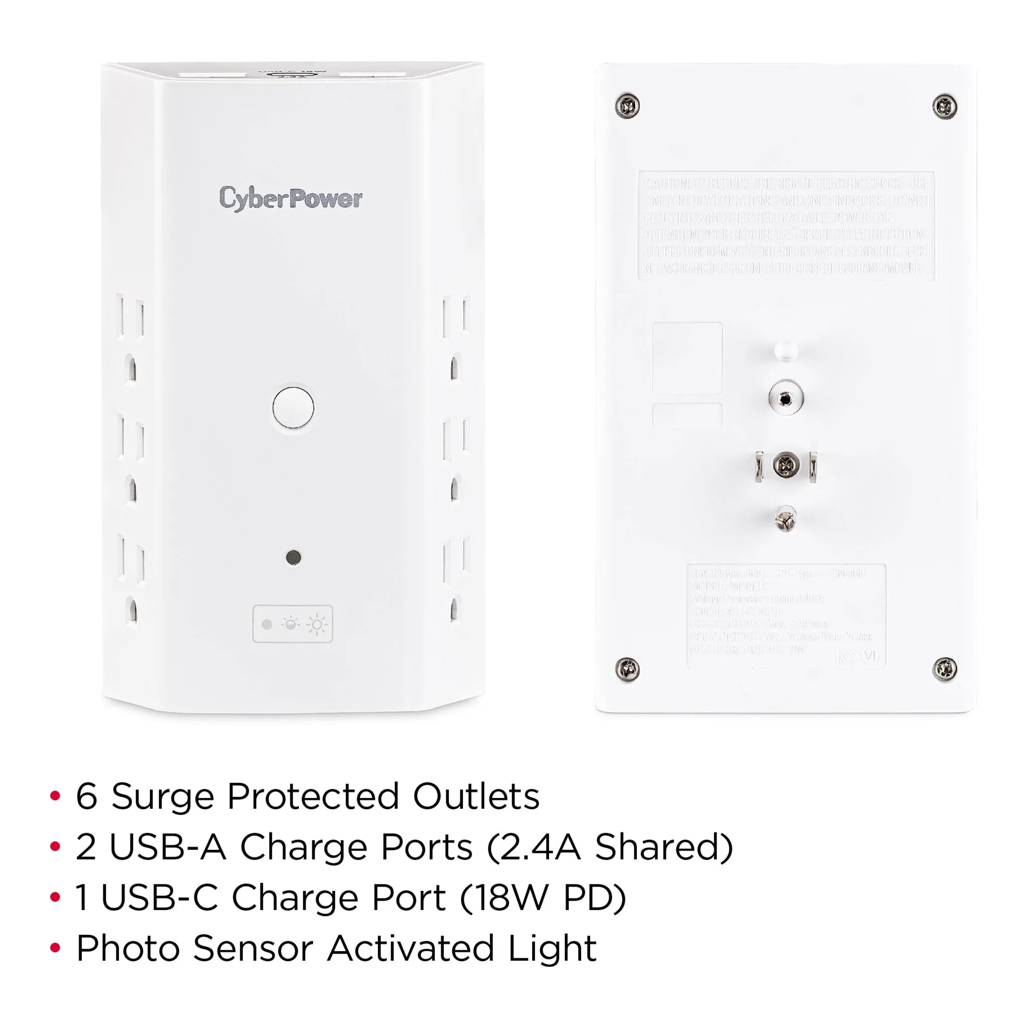 CyberPower P6WUCL 6-Outlet Wall Tap with 3 USB Ports and Night Light