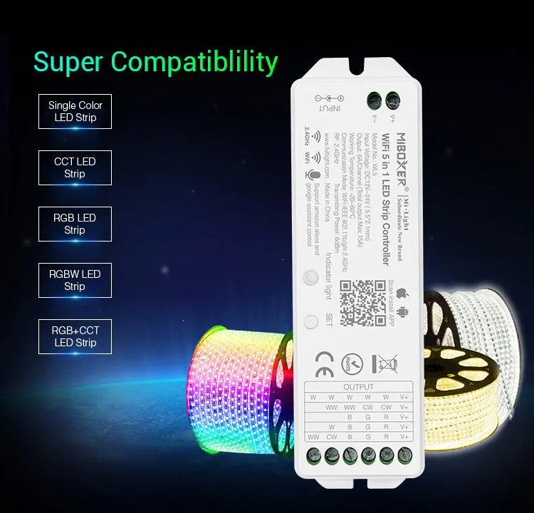 FluxTech ® MiBoxer 5 in 1 WiFi LED Strip Controller, Amazon Alexa Voice Control Remote, Google Assistant and APP Control
