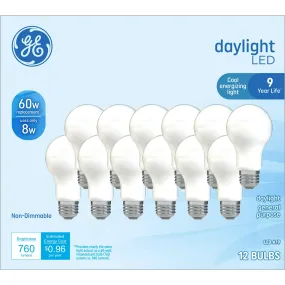 GE Household Lighting 93130072 Daylight LED Light Bulbs 8 Watt (60 Watt Equivalent) Cool Energizing Light, A19 Bulb Shape, Medium Base (12 Pack)