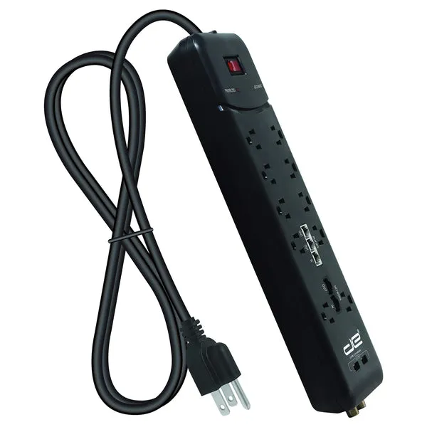 Heavy-Duty Surge Protector Power Strip, 10 Outlets with 2 USB Ports and Coaxial, Phone, and Modem Protection (8 Ft. cord; Black)