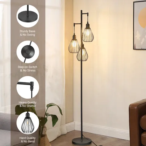 Industrial Floor Lamp with 3 Elegant Teardrop Cage Head (1 Pack)-HLFL03F