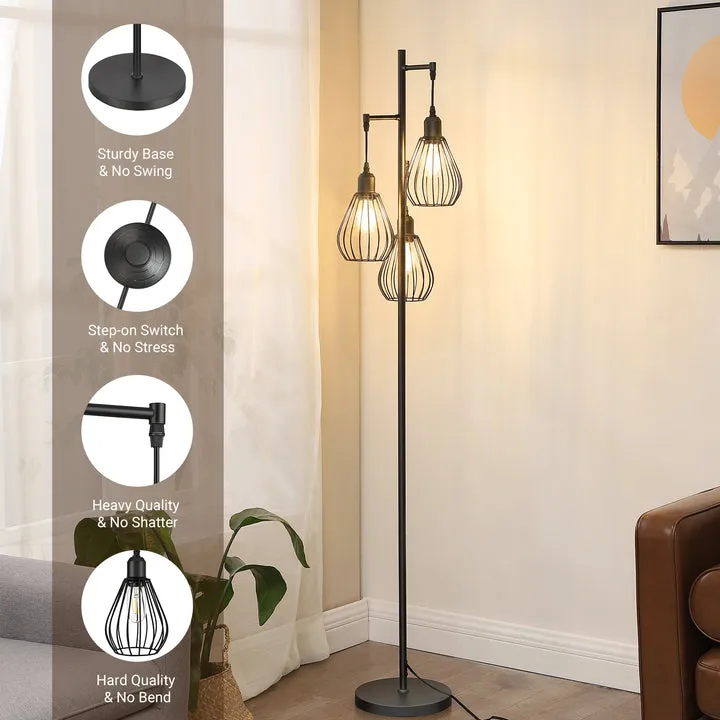 Industrial Floor Lamp with 3 Elegant Teardrop Cage Head (1 Pack)-HLFL03F