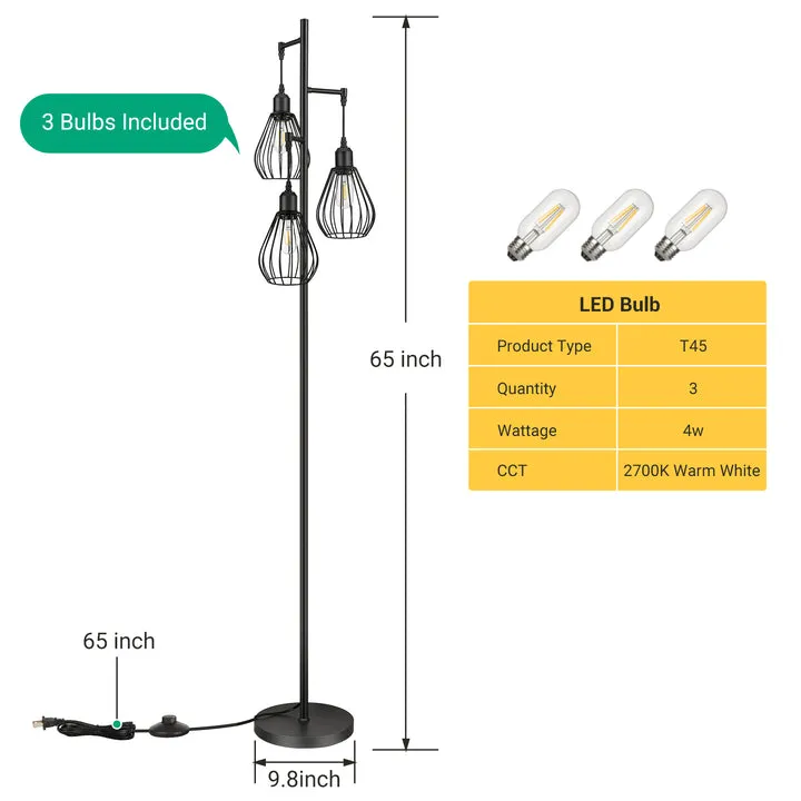 Industrial Floor Lamp with 3 Elegant Teardrop Cage Head (1 Pack)-HLFL03F