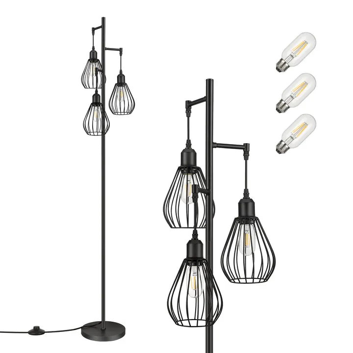 Industrial Floor Lamp with 3 Elegant Teardrop Cage Head (1 Pack)-HLFL03F