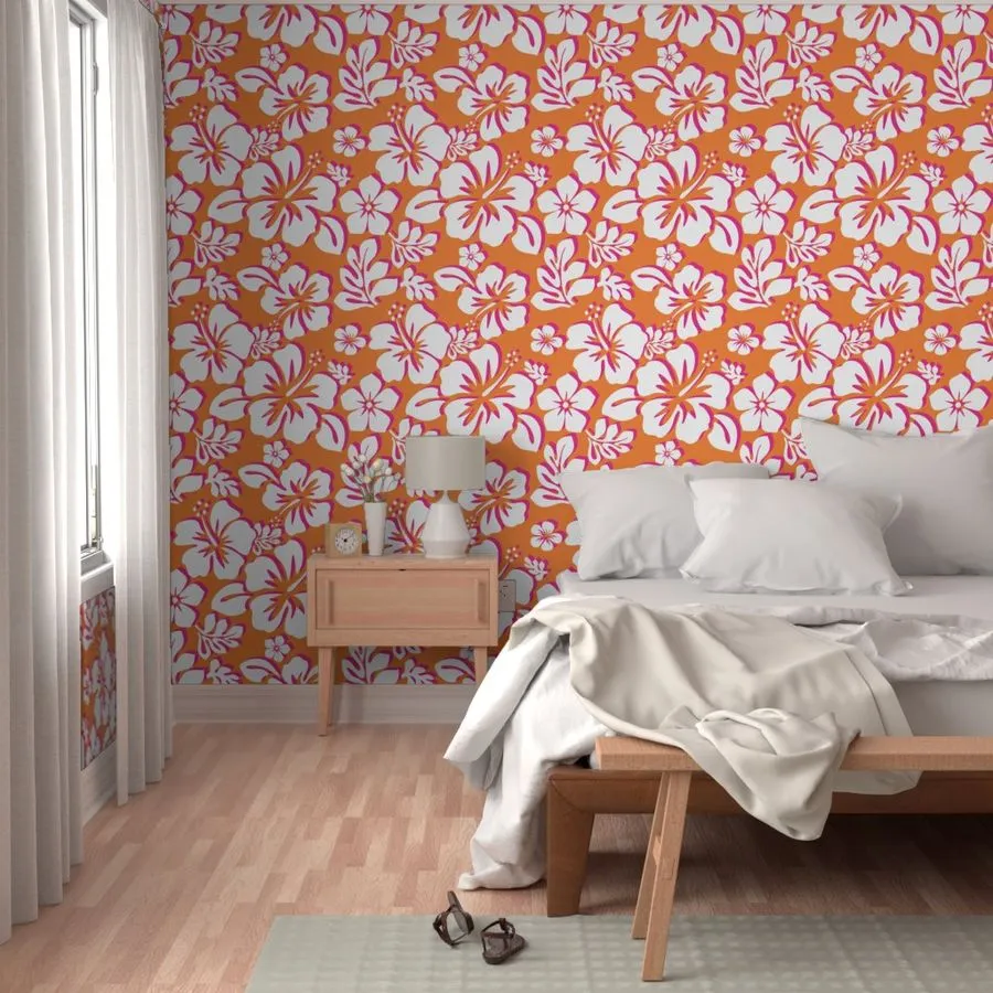 Juicy Orange, White and Surfer Girl Pink Hawaiian Flowers Wallpaper