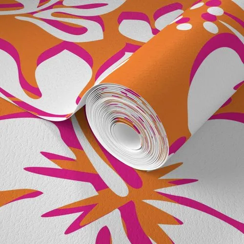 Juicy Orange, White and Surfer Girl Pink Hawaiian Flowers Wallpaper