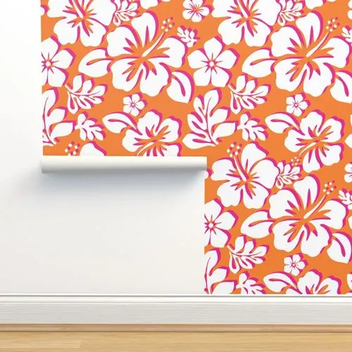 Juicy Orange, White and Surfer Girl Pink Hawaiian Flowers Wallpaper