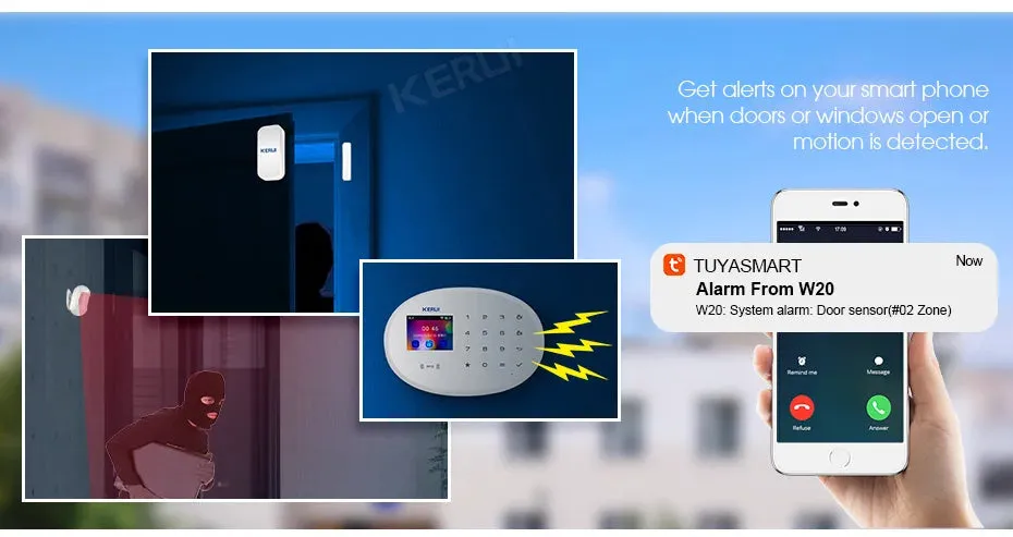 KERUI Tuya Smart WIFI GSM Alarm System Works With Alexa Home Security Wireless 433Mhz Burglar Alarm Door Window Sensor Detector