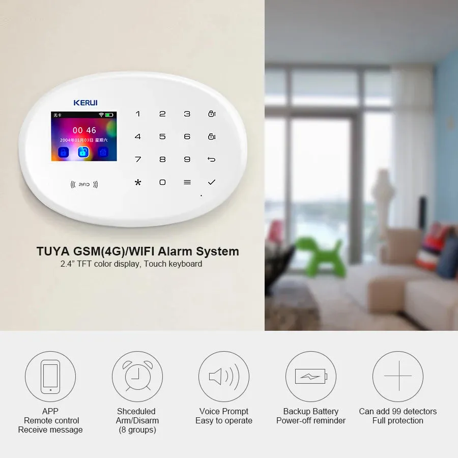 KERUI Tuya Smart WIFI GSM Alarm System Works With Alexa Home Security Wireless 433Mhz Burglar Alarm Door Window Sensor Detector