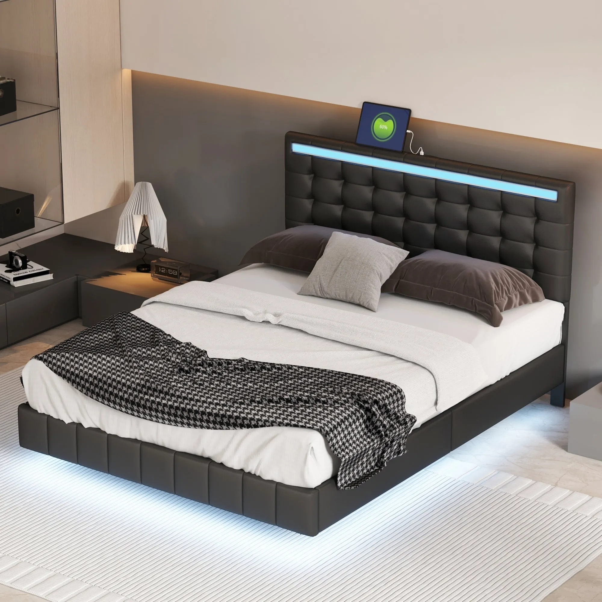 Modern Upholstered Platform LED Bed Frame,Black- Queen