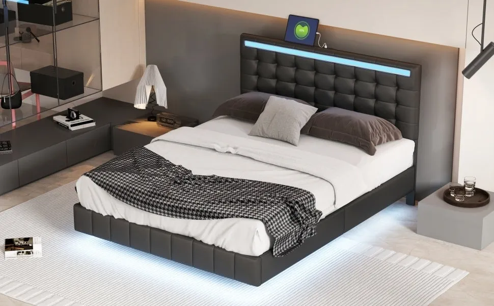 Modern Upholstered Platform LED Bed Frame,Black- Queen