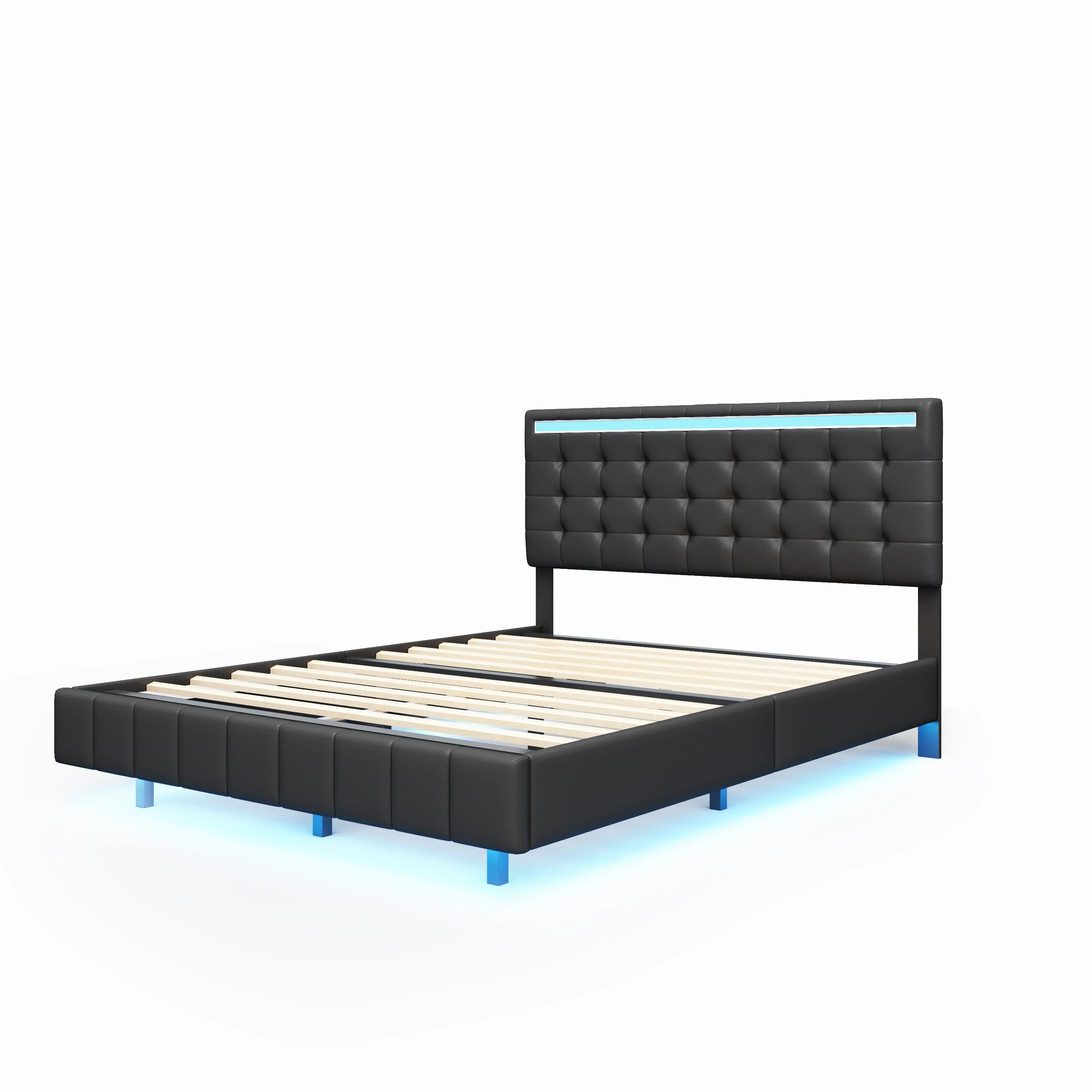 Modern Upholstered Platform LED Bed Frame,Black- Queen