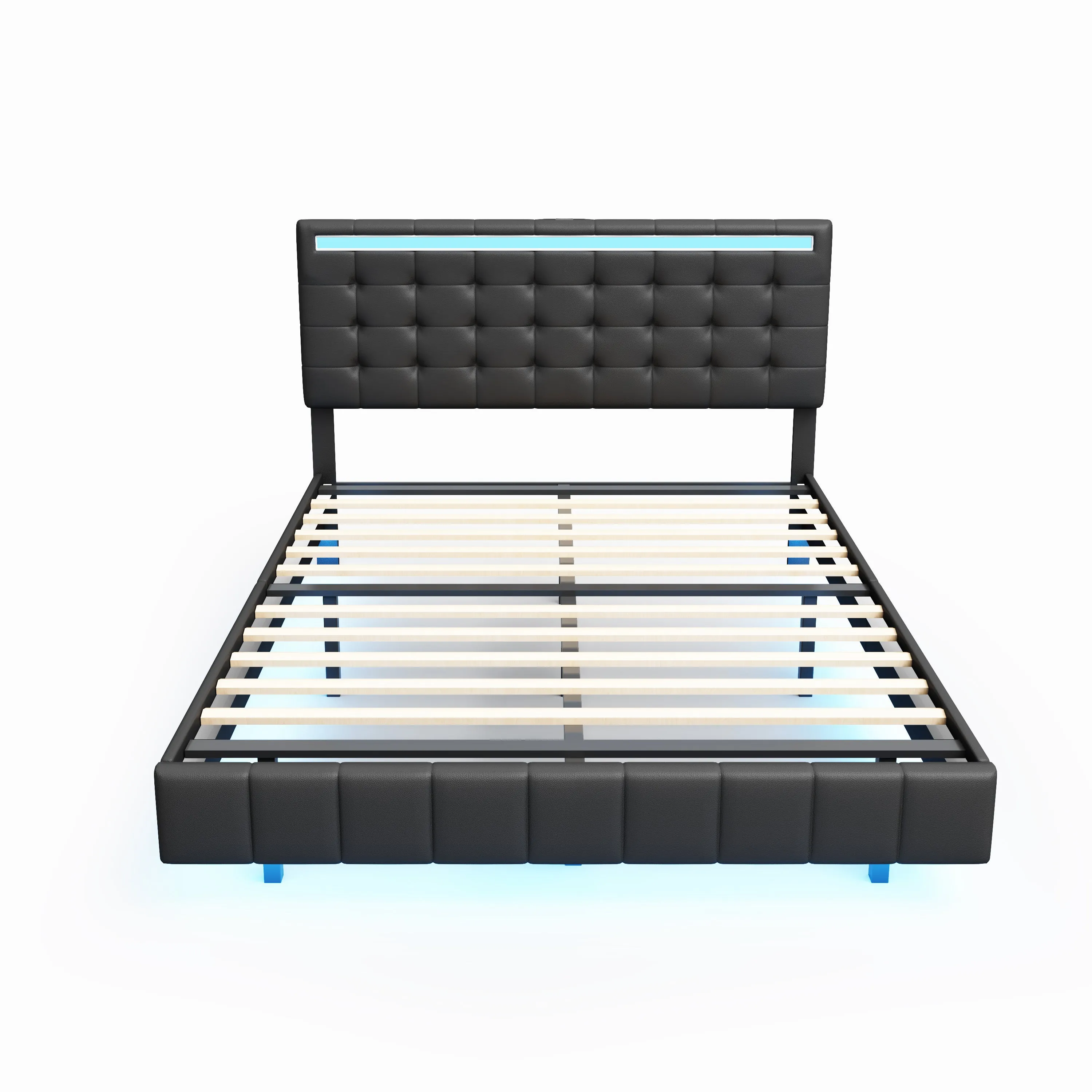 Modern Upholstered Platform LED Bed Frame,Black- Queen
