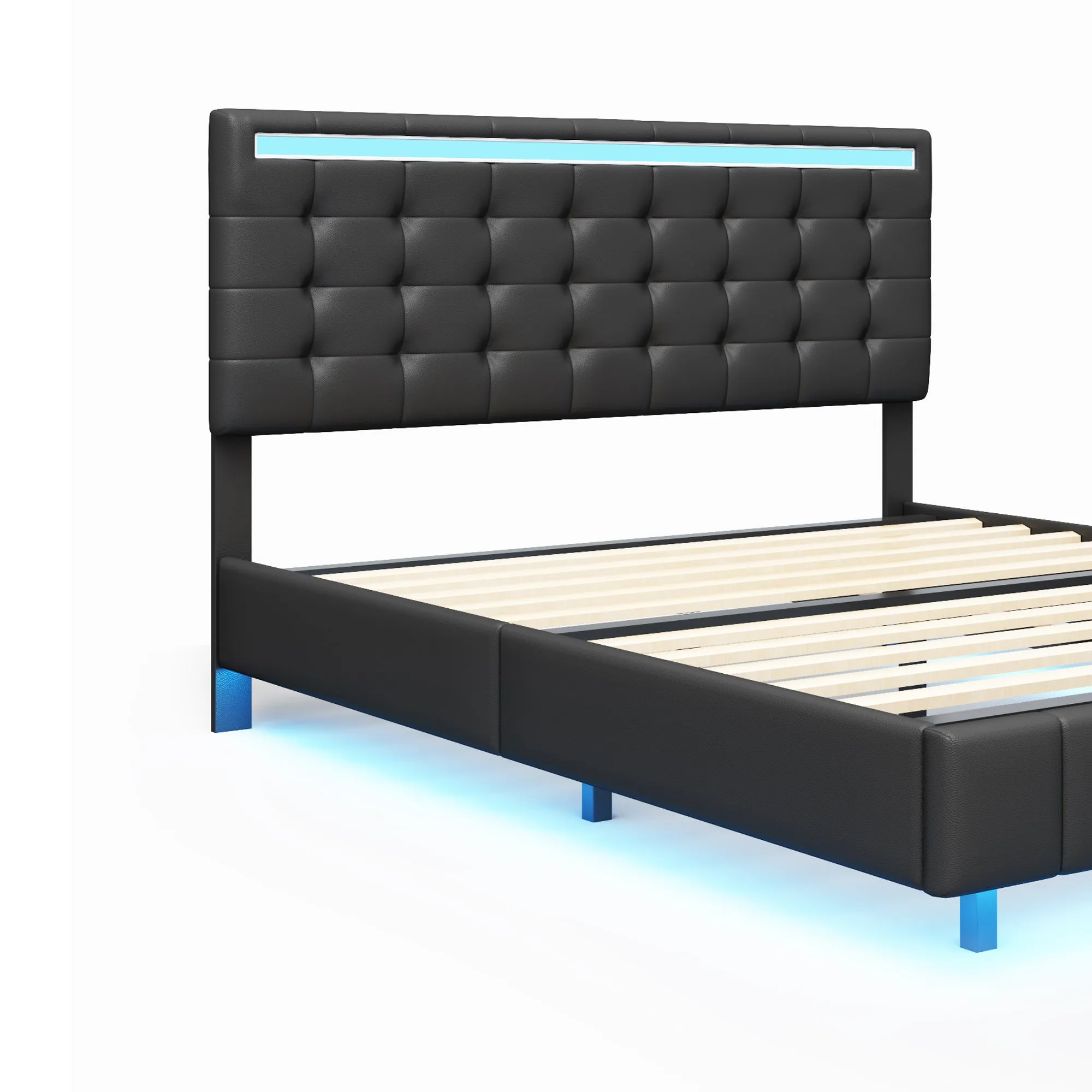 Modern Upholstered Platform LED Bed Frame,Black- Queen