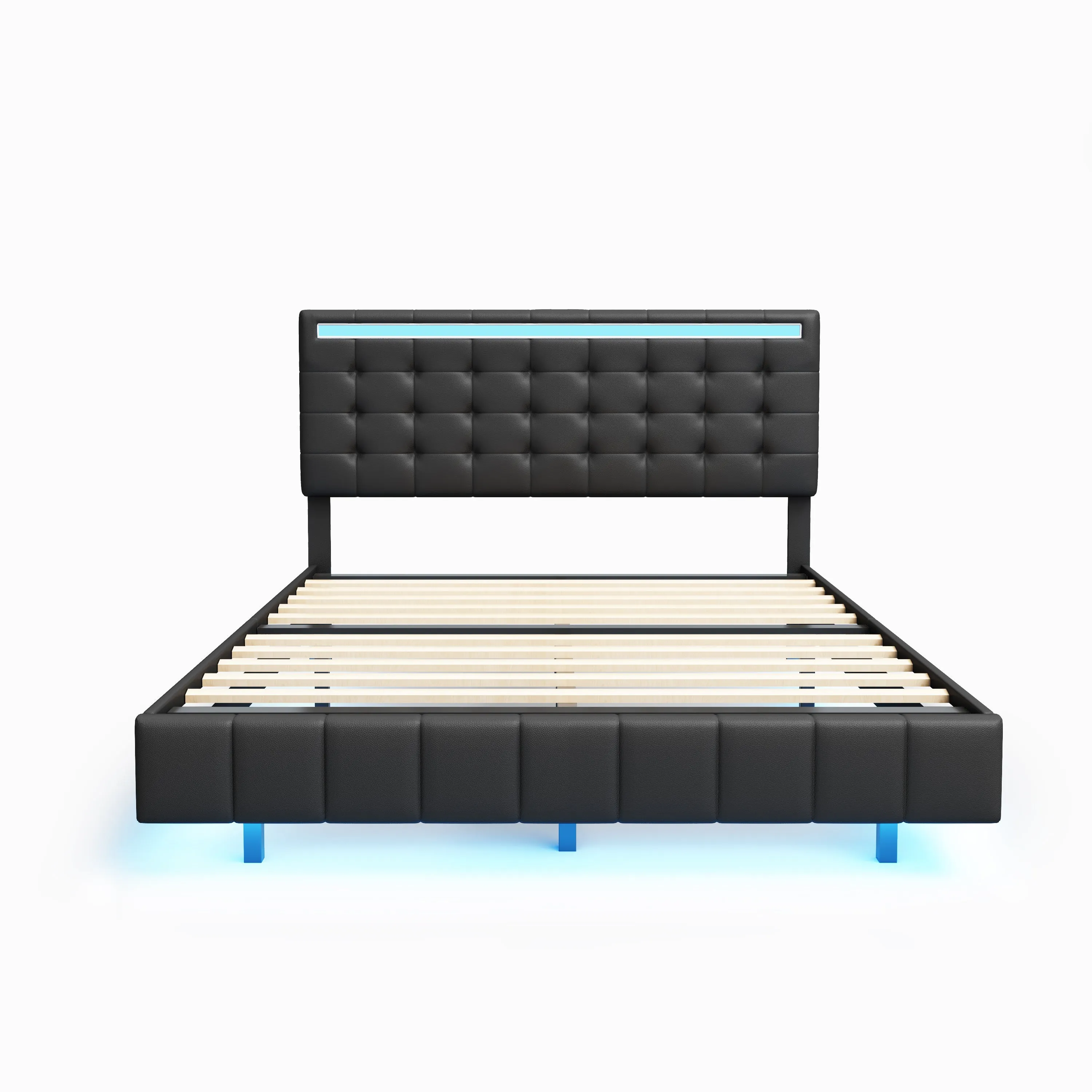 Modern Upholstered Platform LED Bed Frame,Black- Queen