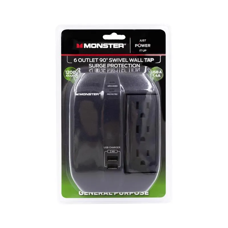 Monster Just Power it Up 0 ft. L 6 outlets Wall Tap Surge Protector w/USB Black 1200 J