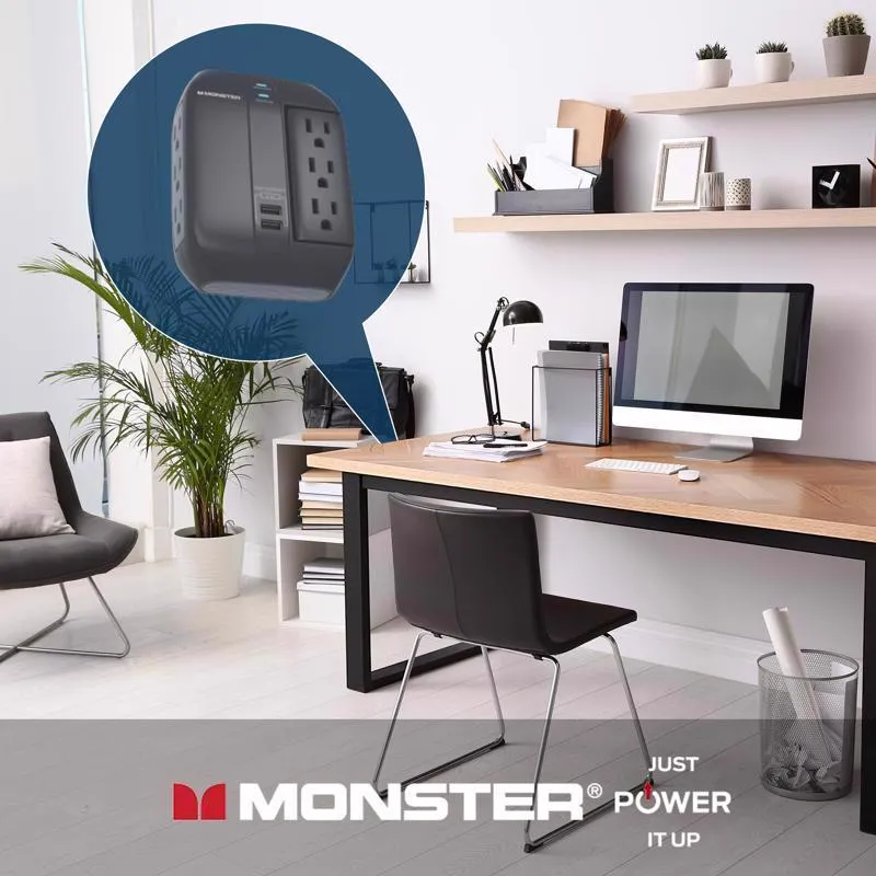 Monster Just Power it Up 0 ft. L 6 outlets Wall Tap Surge Protector w/USB Black 1200 J