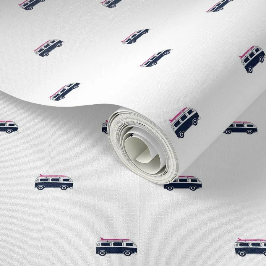 Navy Blue Surf Bus with Hot Pink Surfboard Wallpaper